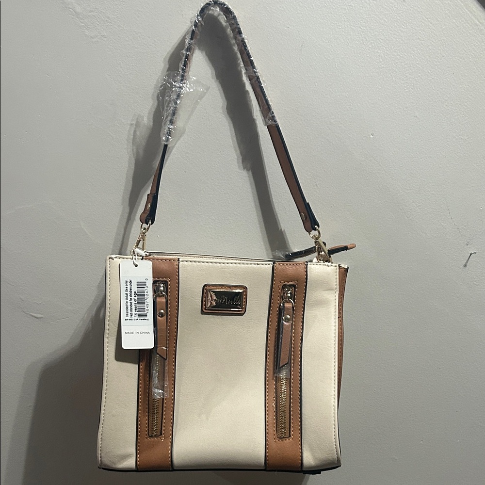Nicole Tan and Cream Dual Zipper Shoulder Bag